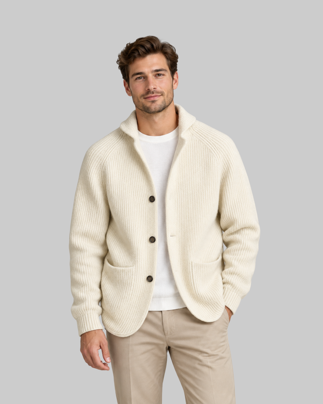 Men's Raglan Collar Cardigan in white.