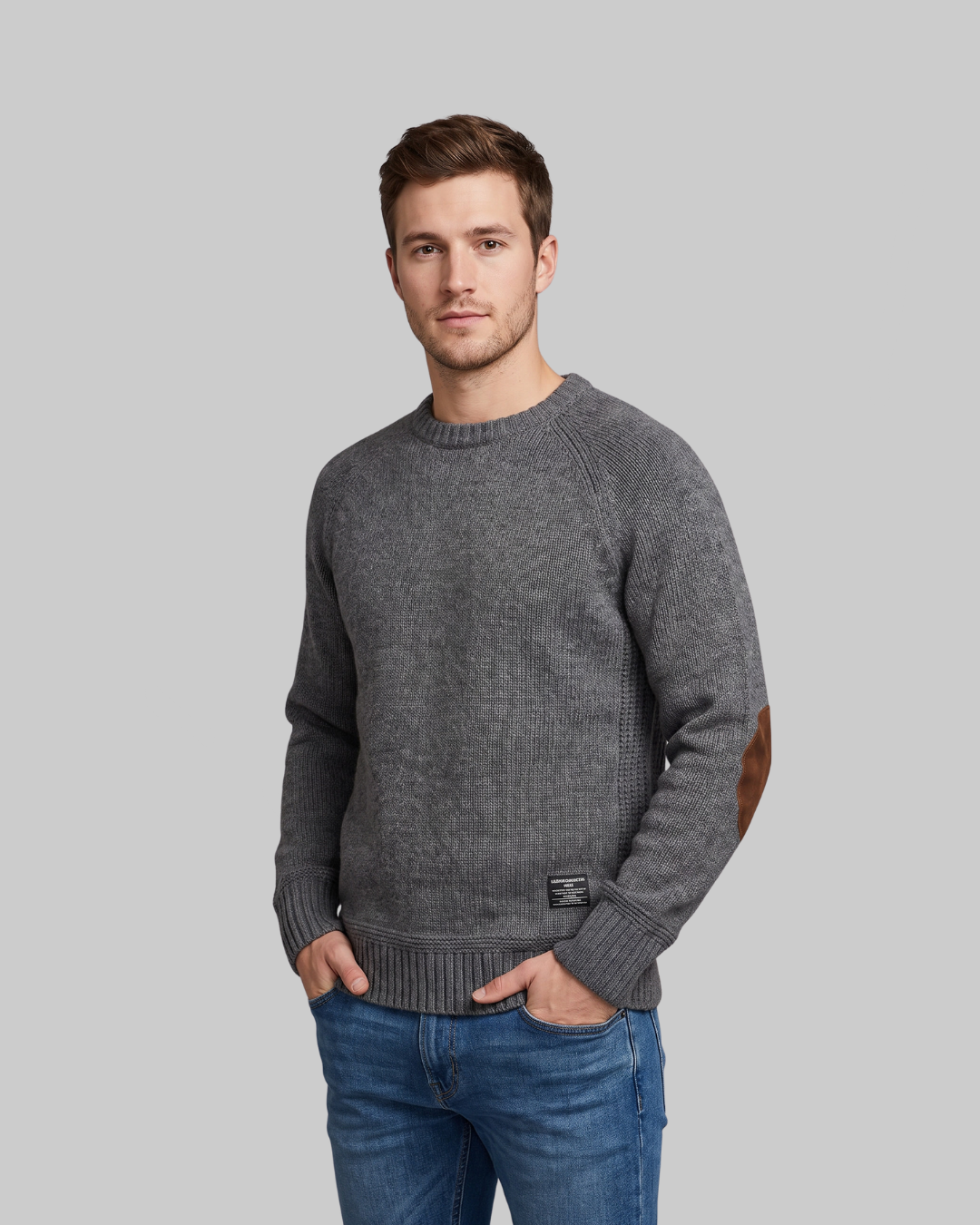 Men's Raglan Crew Neck Sweater in grey.
