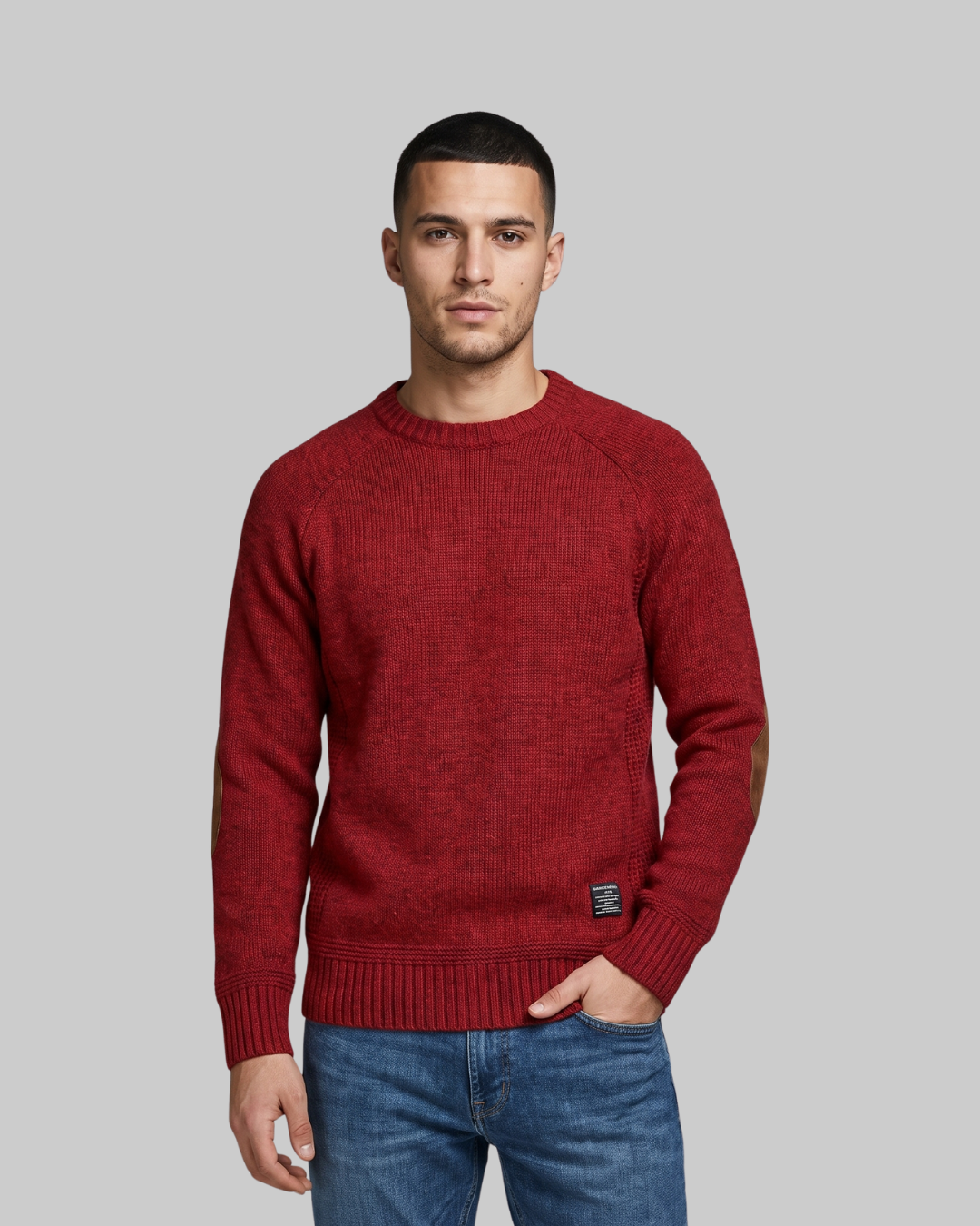 Men's Raglan Crew Neck Sweater in red.