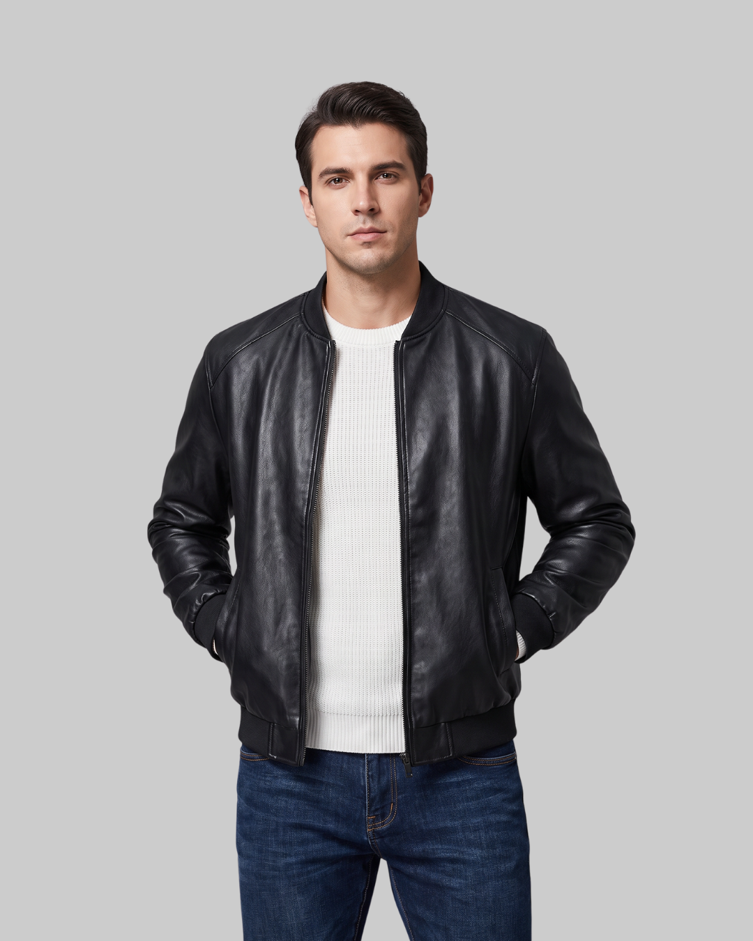 Men's Raglan Seam Bomber Jacket in black.