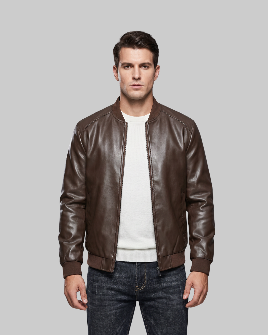 Men's Raglan Seam Bomber Jacket in coffee.