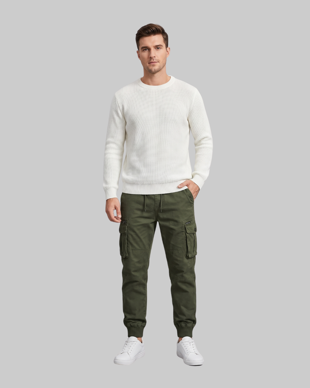 Men's Relaxed Cargo Jogger Pants in army green.