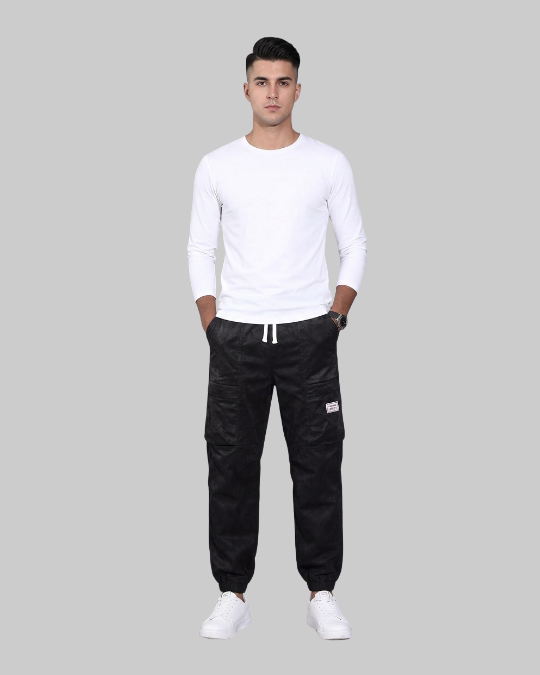 Men's Relaxed Corduroy Cargo Pants in black.
