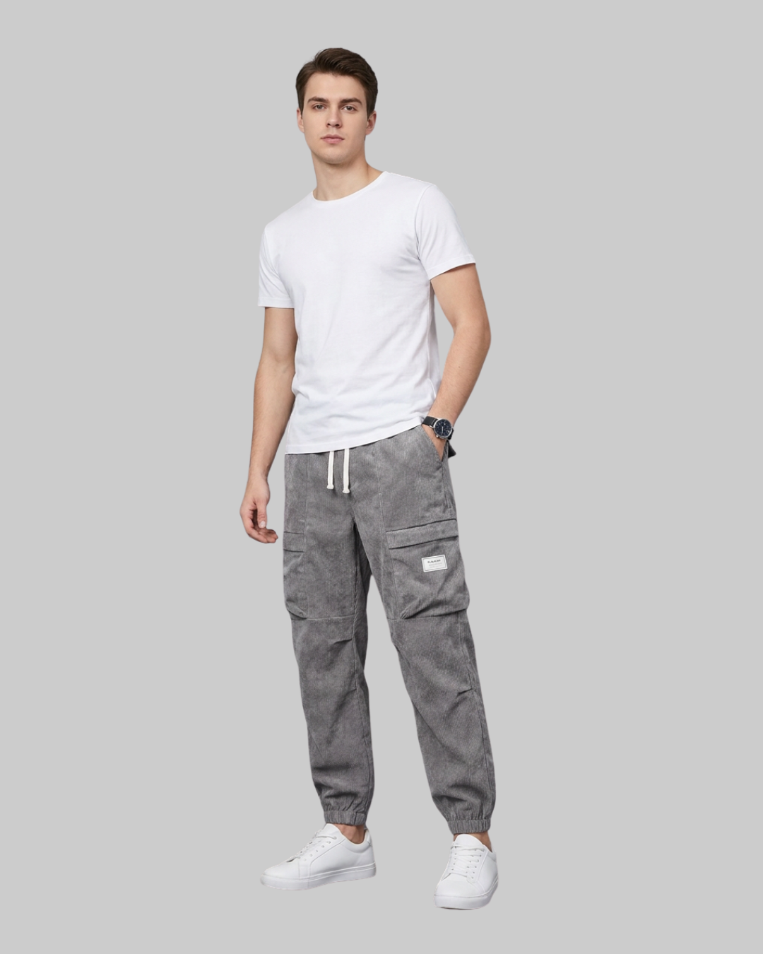 Men's Relaxed Corduroy Cargo Pants in grey.