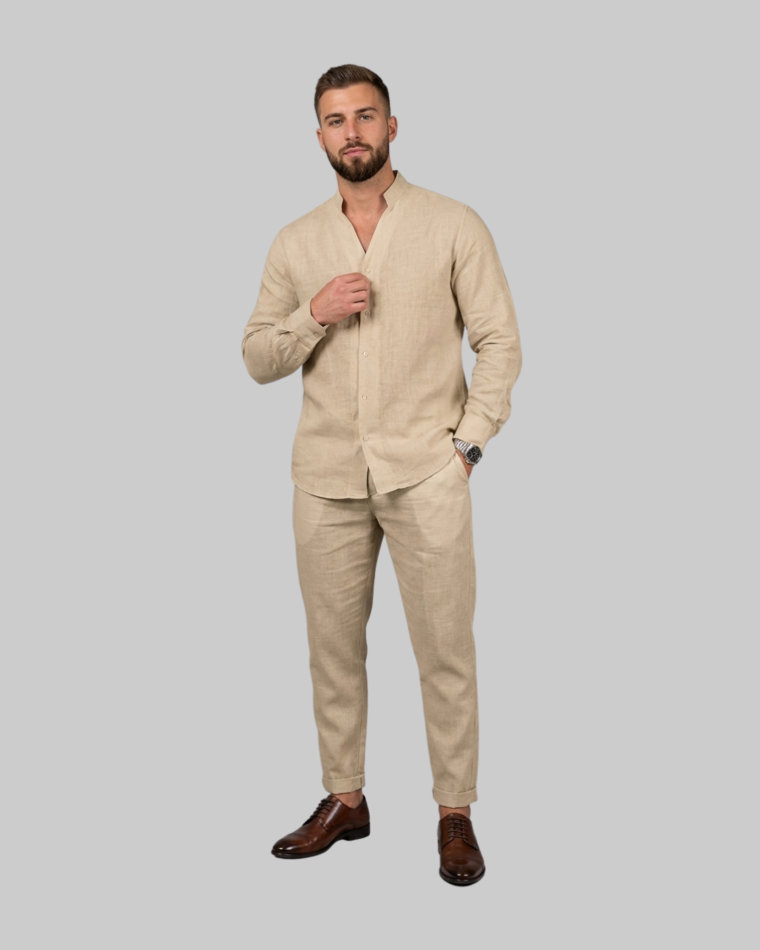Men's Relaxed Fit 2 Piece Suit in beige.