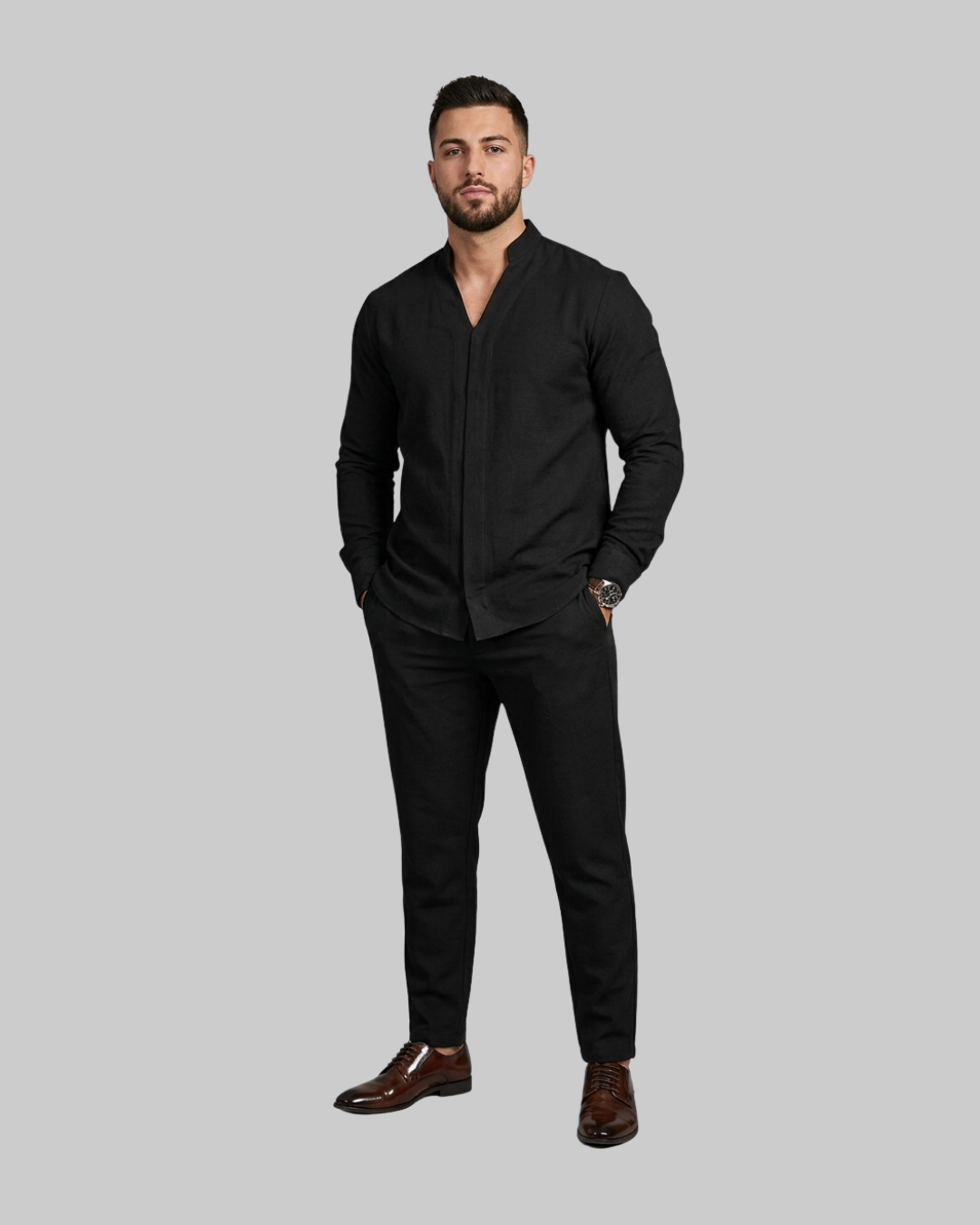 Men's Relaxed Fit 2 Piece Suit in black.