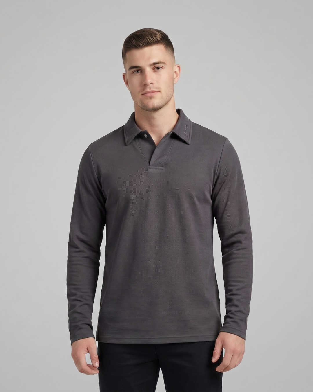 Men’s Relaxed Fit Long Sleeve Polo Shirt in Dark Grey