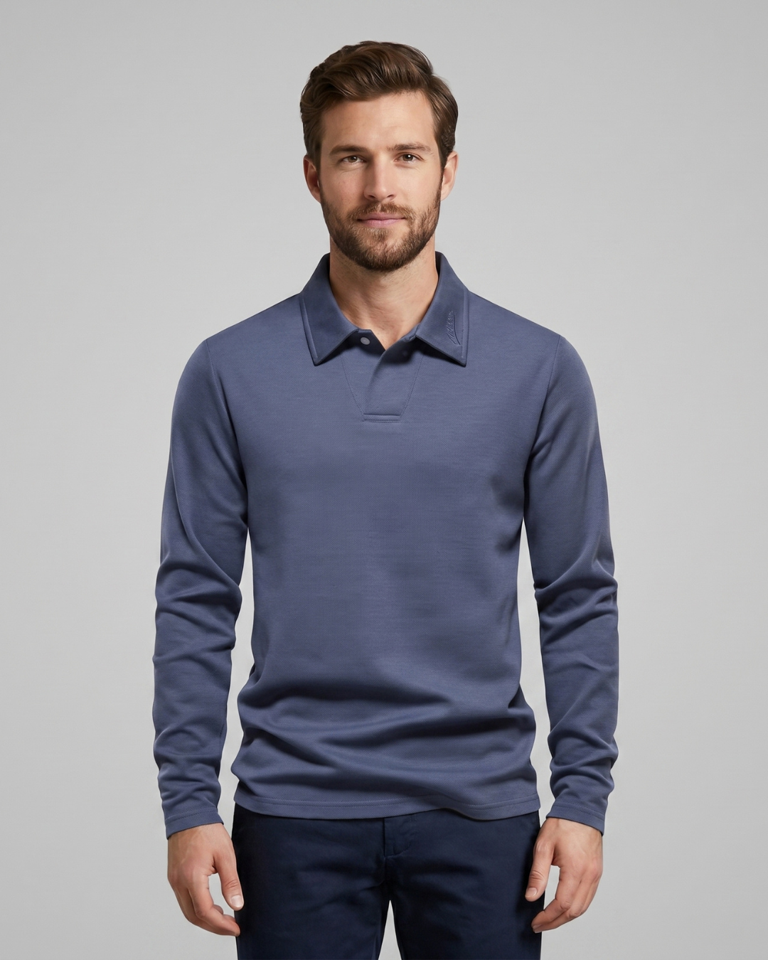Men’s Relaxed Fit Long Sleeve Polo Shirt in Grey Blue