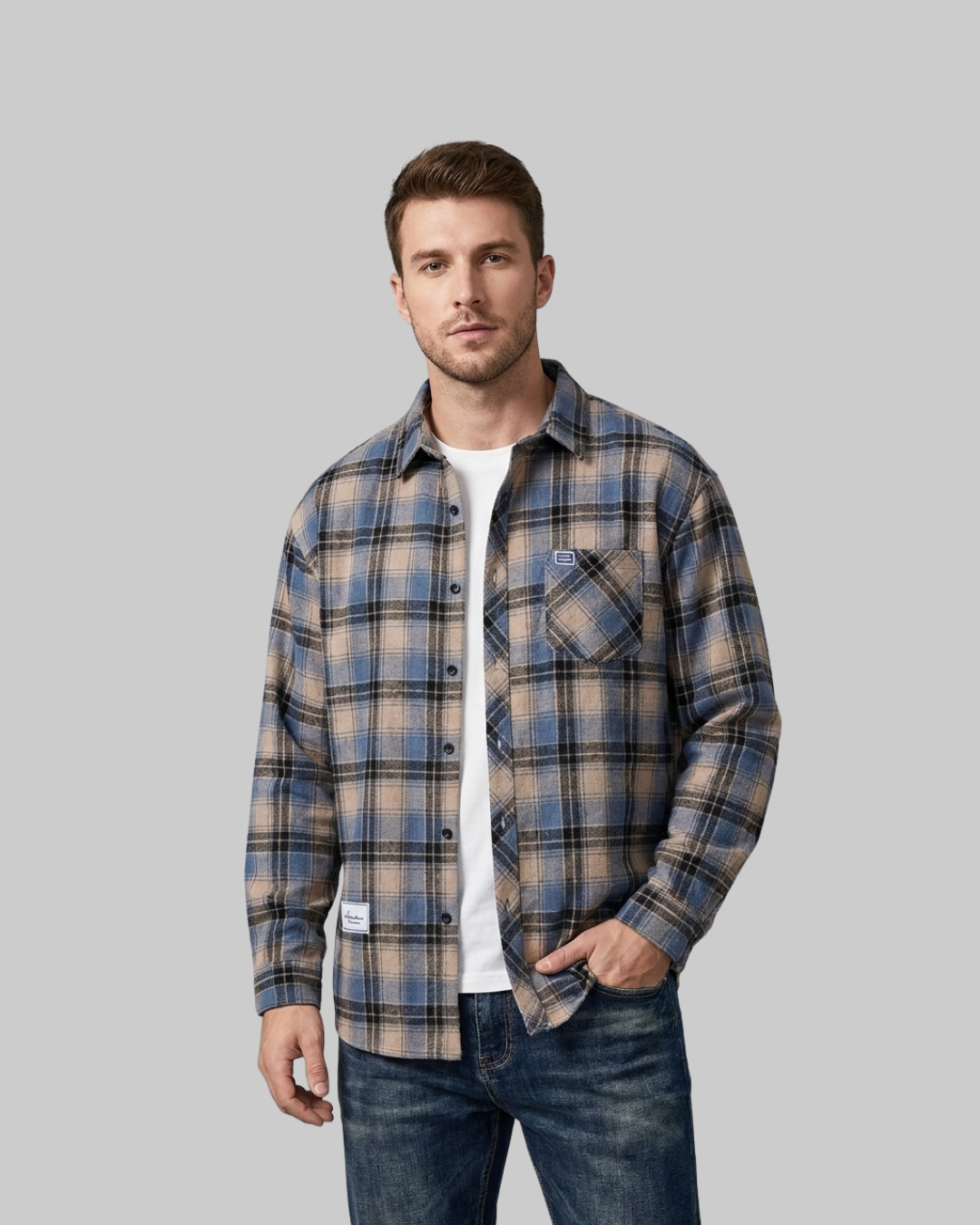 Men's Relaxed Plaid Shirt in blue.