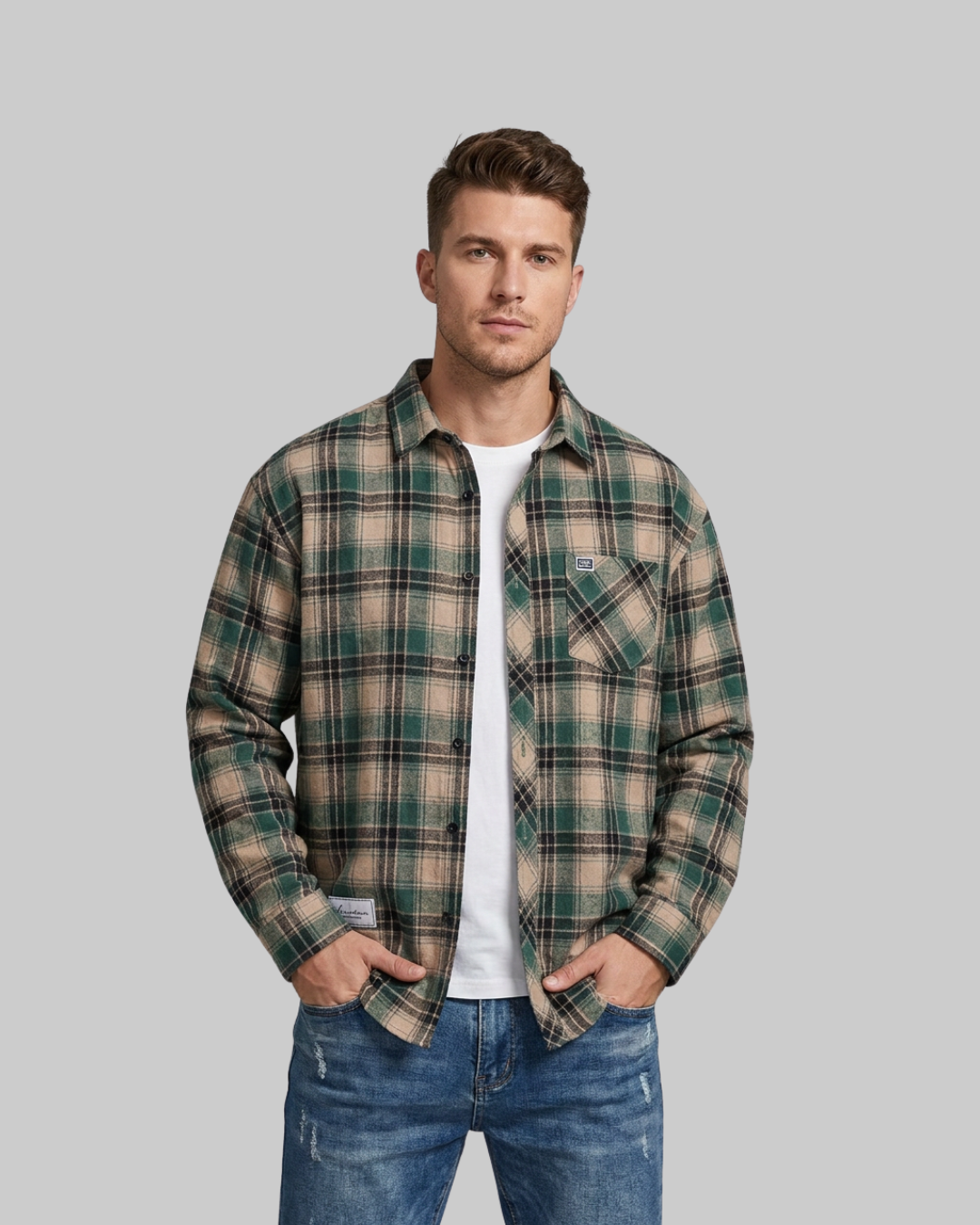 Men's Relaxed Plaid Shirt in green.
