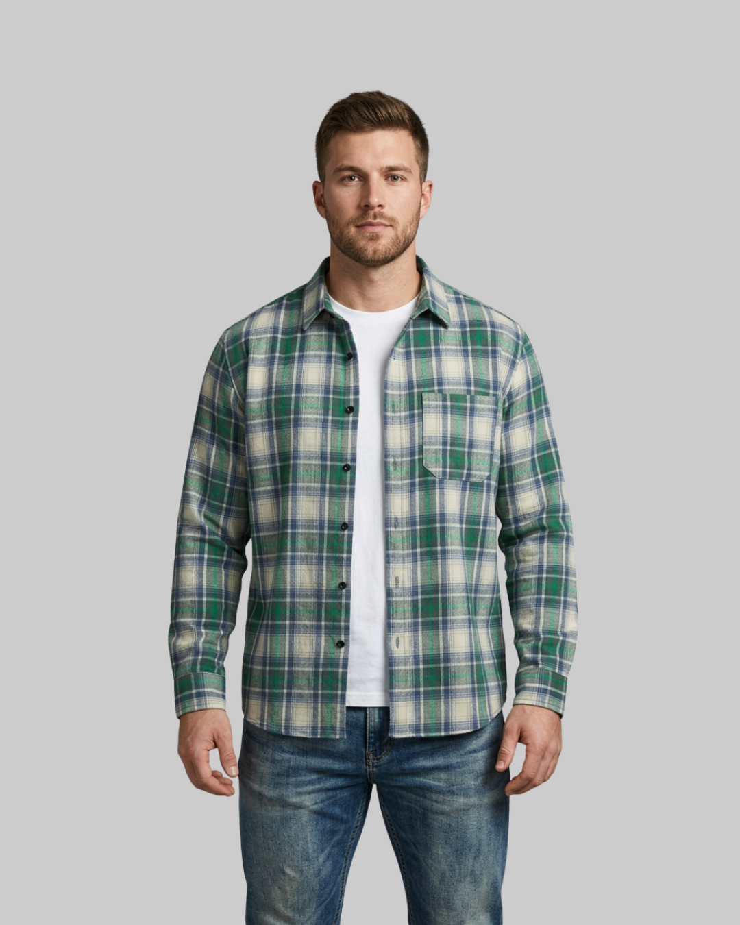 Men's Relaxed Plaid Shirt in light green.