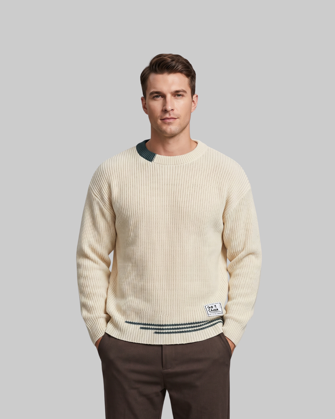 Men's Relaxed Ribbed Knit Sweater in beige.