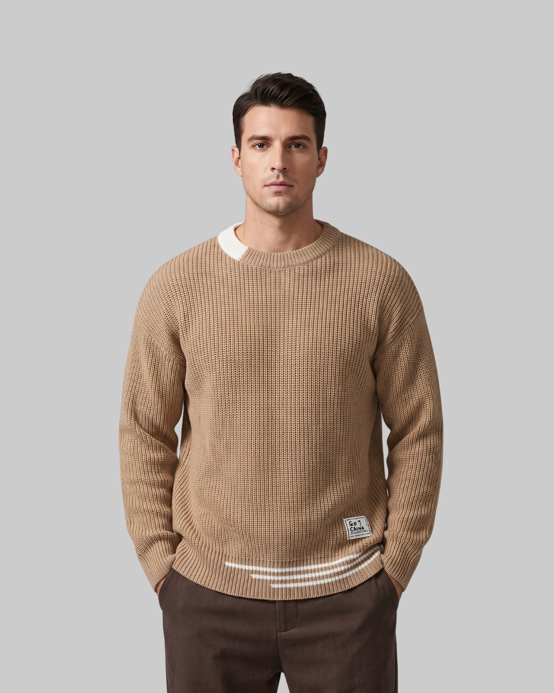 Men's Relaxed Ribbed Knit Sweater in khaki.