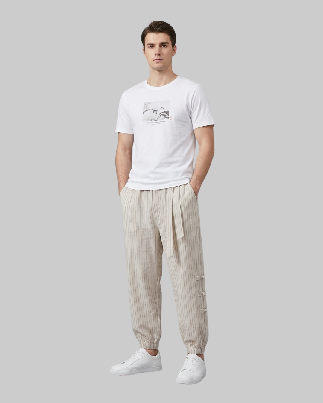 Men's Relaxed Striped Jogger Pants in beige.