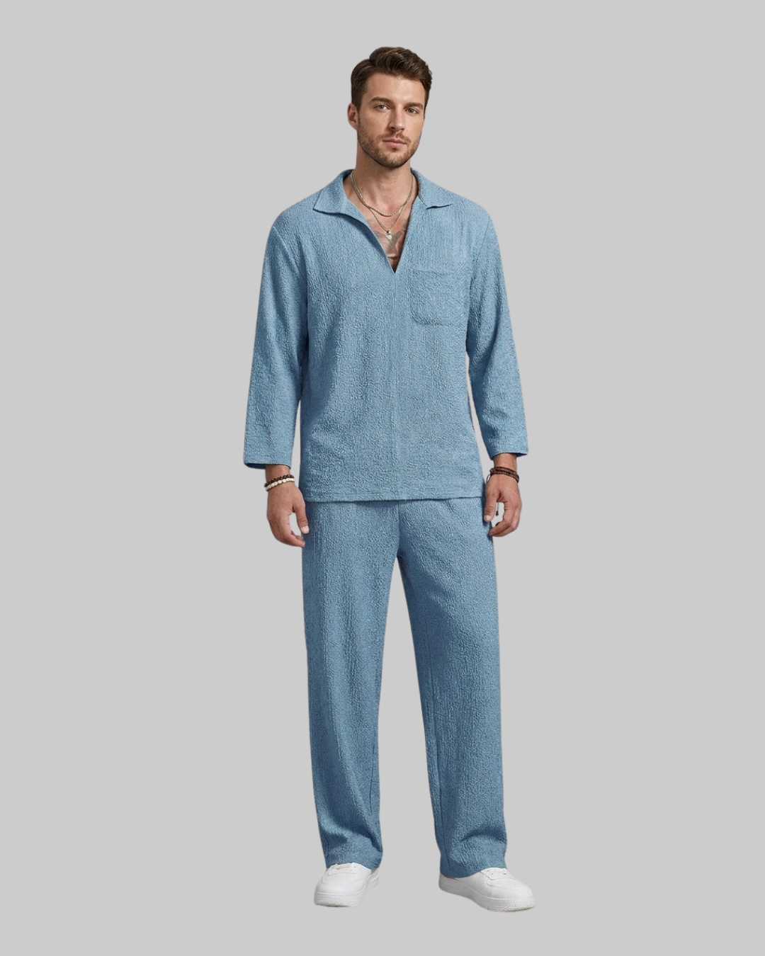 Men's Relaxed Summer Tracksuit Set in lake blue.
