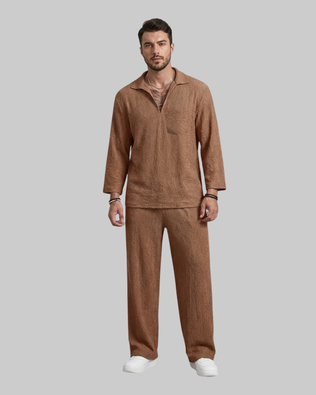 Men's Relaxed Summer Tracksuit Set in camel.