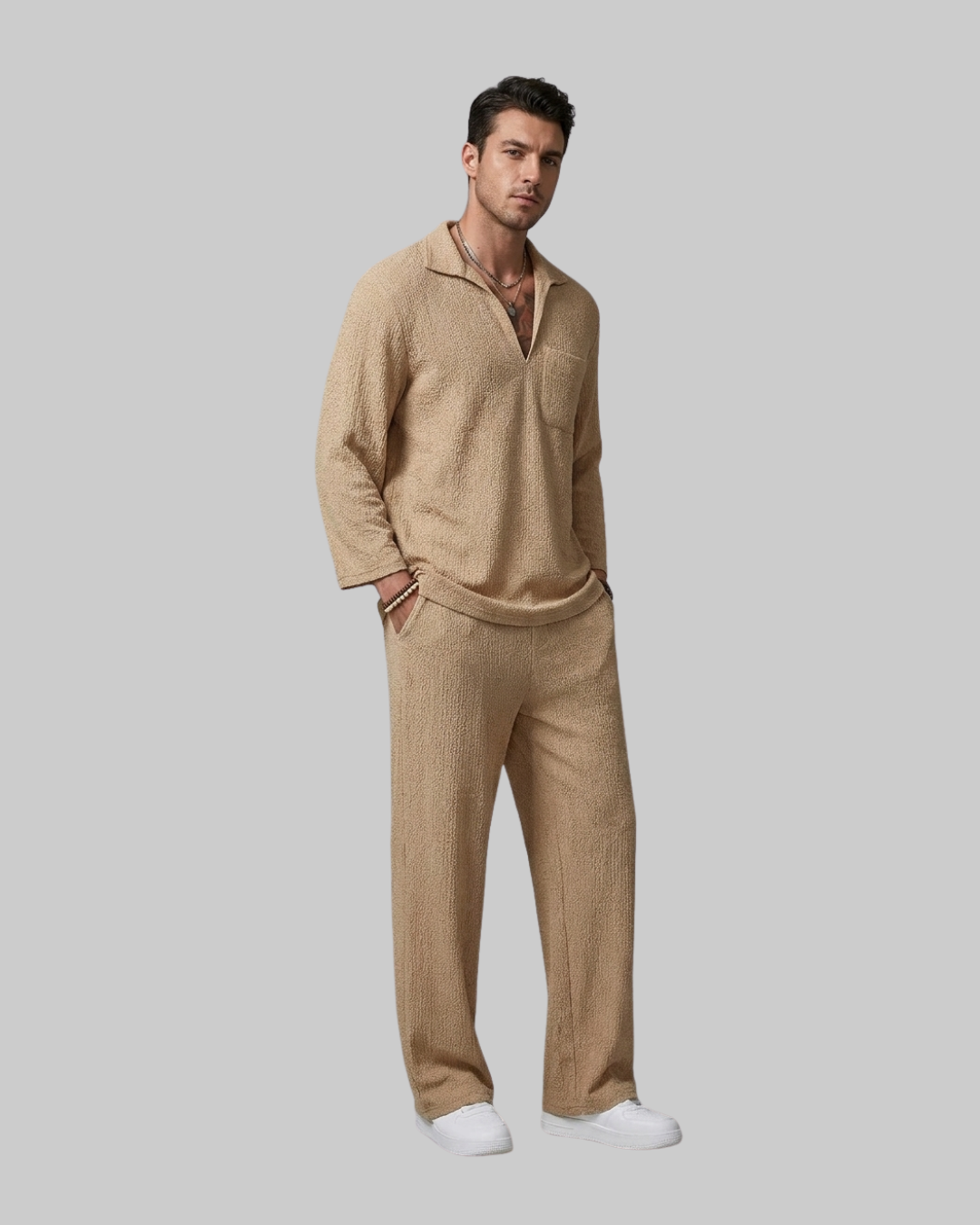 Men's Relaxed Summer Tracksuit Set in khaki.