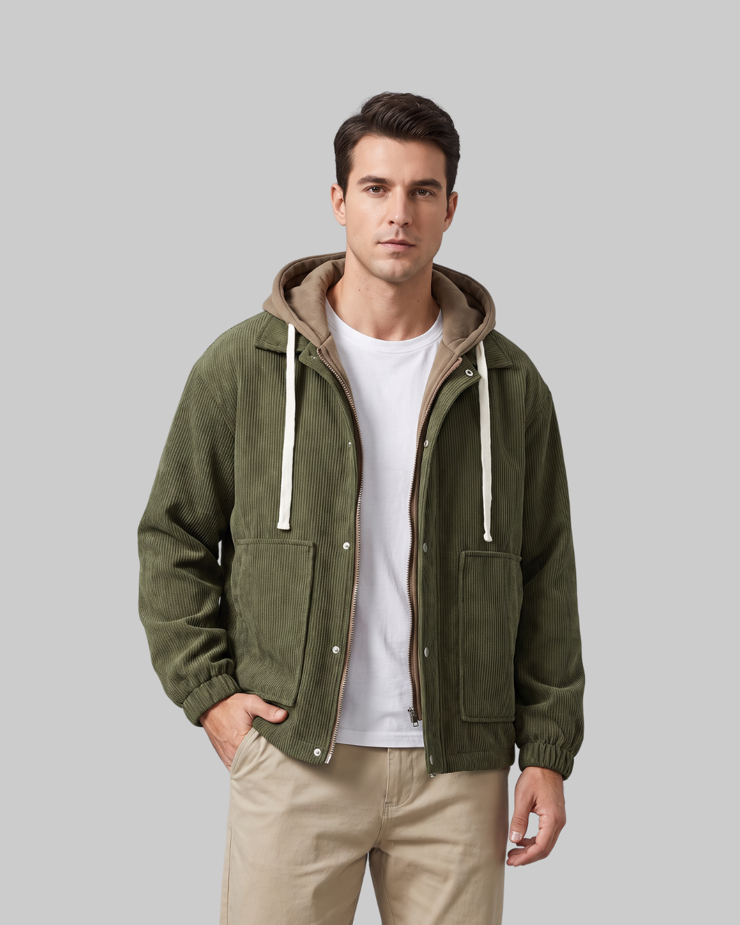 Men's Relaxed Utility Hoodie in army green.