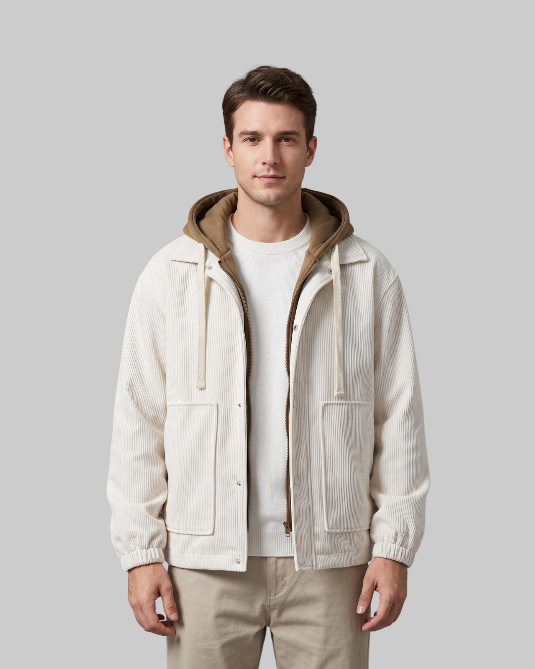 Men's Relaxed Utility Hoodie in beige.