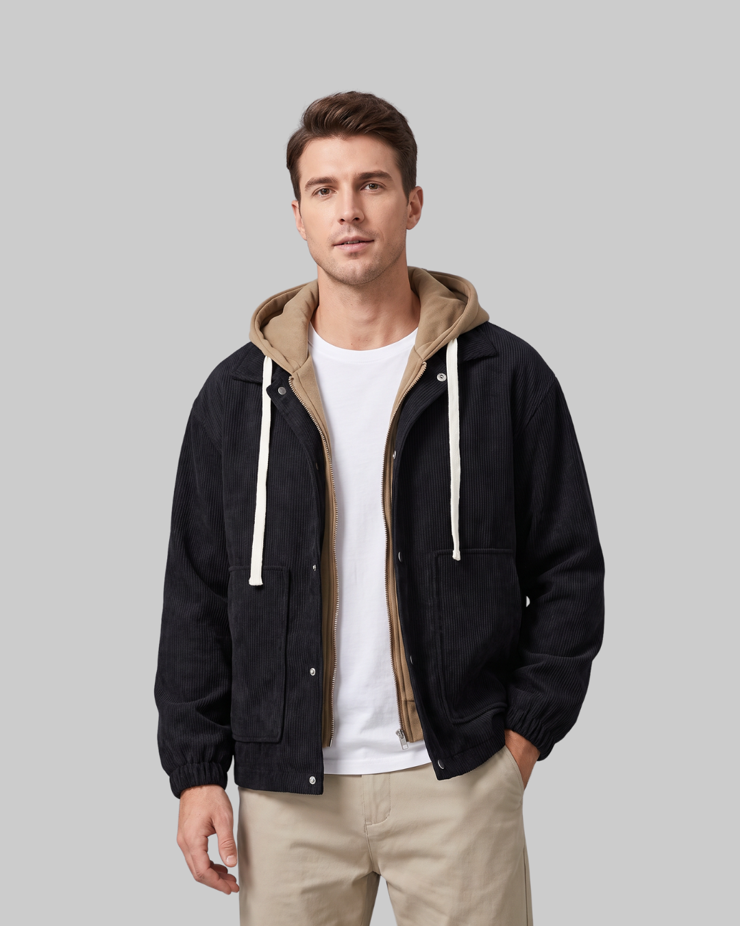 Men's Relaxed Utility Hoodie in black.