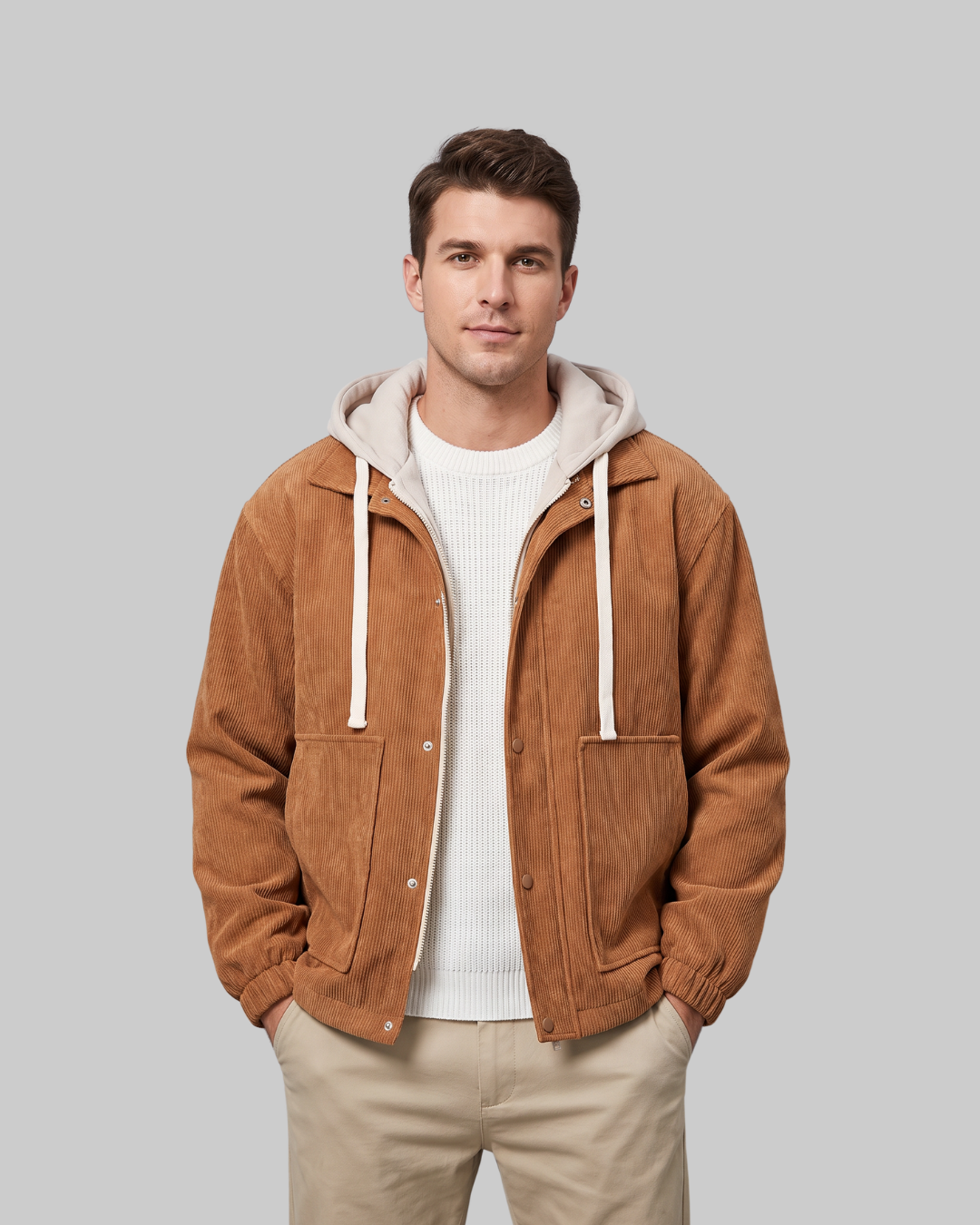 Men's Relaxed Utility Hoodie in camel.