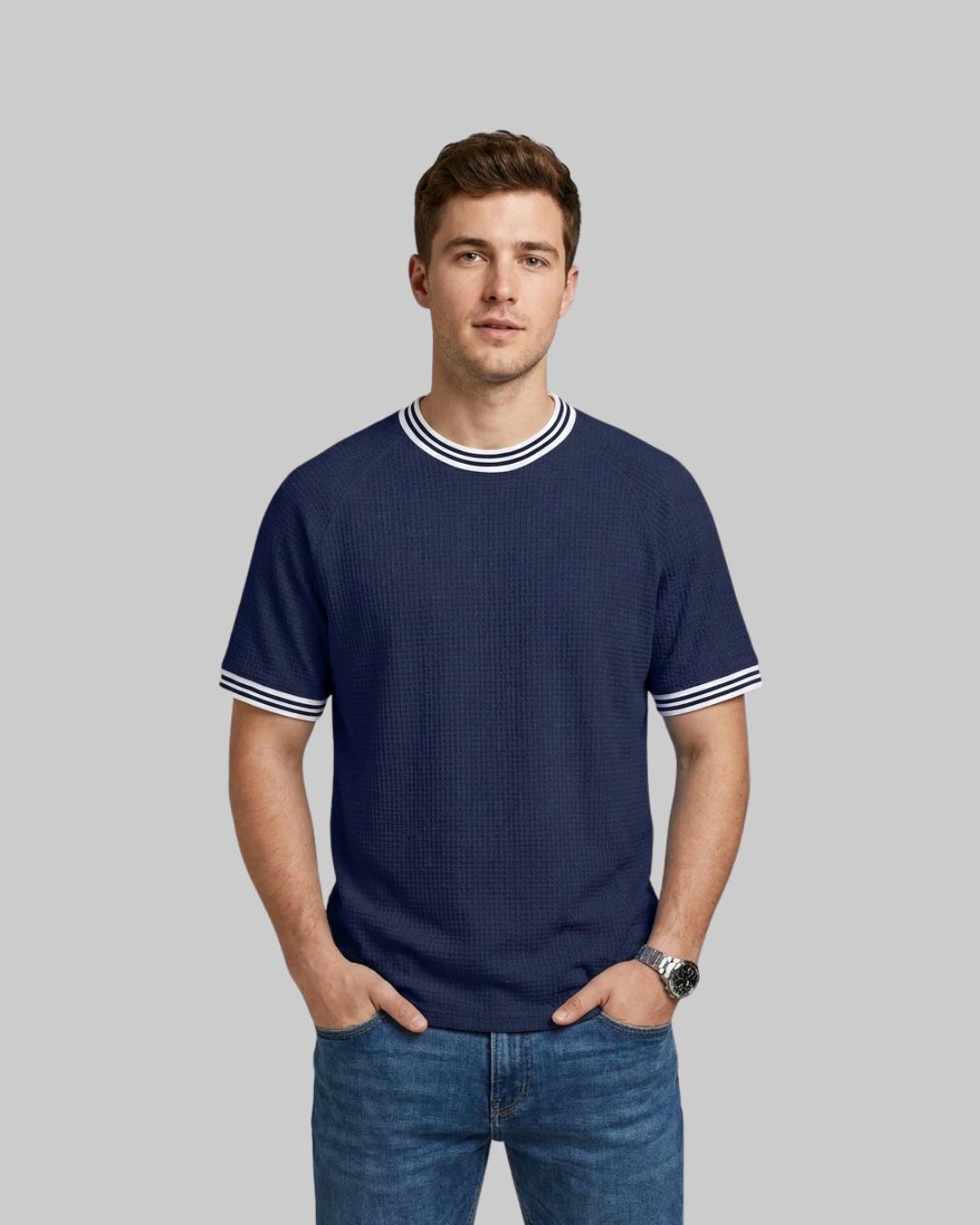 Men's Relaxed Waffle Knit T-Shirt in dark blue.