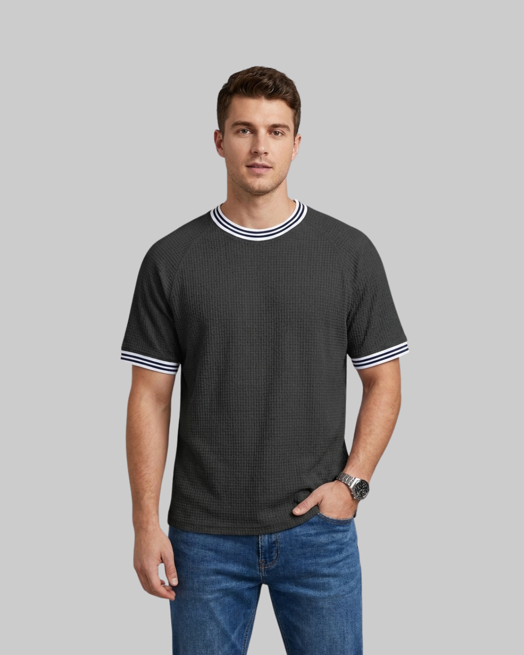 Men's Relaxed Waffle Knit T-Shirt in dark grey.
