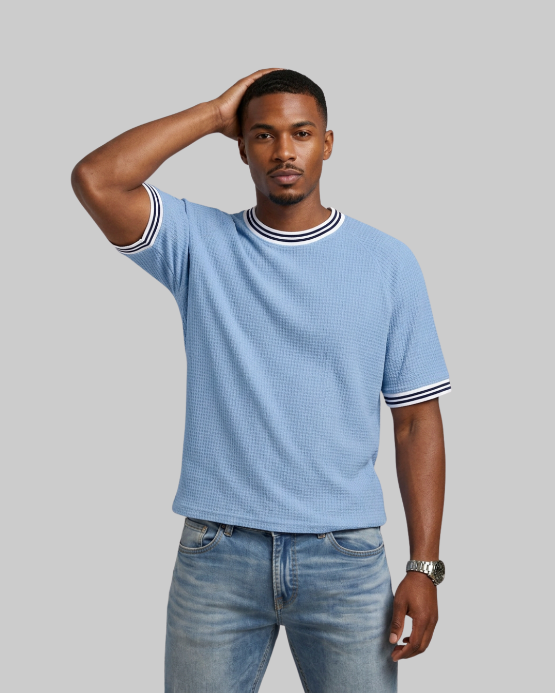 Men's Relaxed Waffle Knit T-Shirt in light blue.