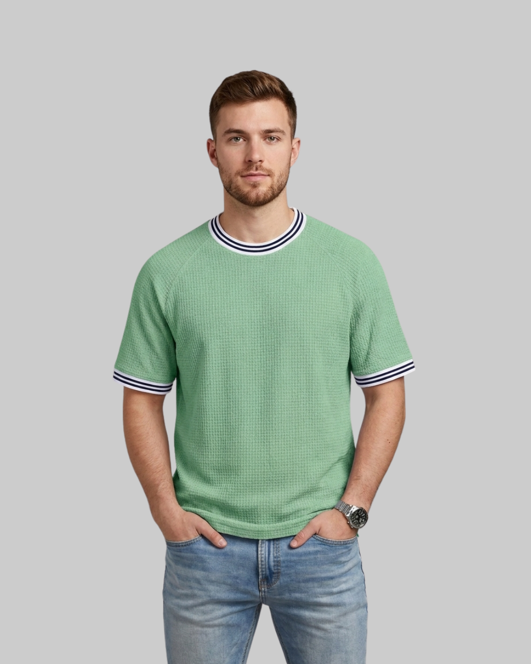 Men's Relaxed Waffle Knit T-Shirt in light green.