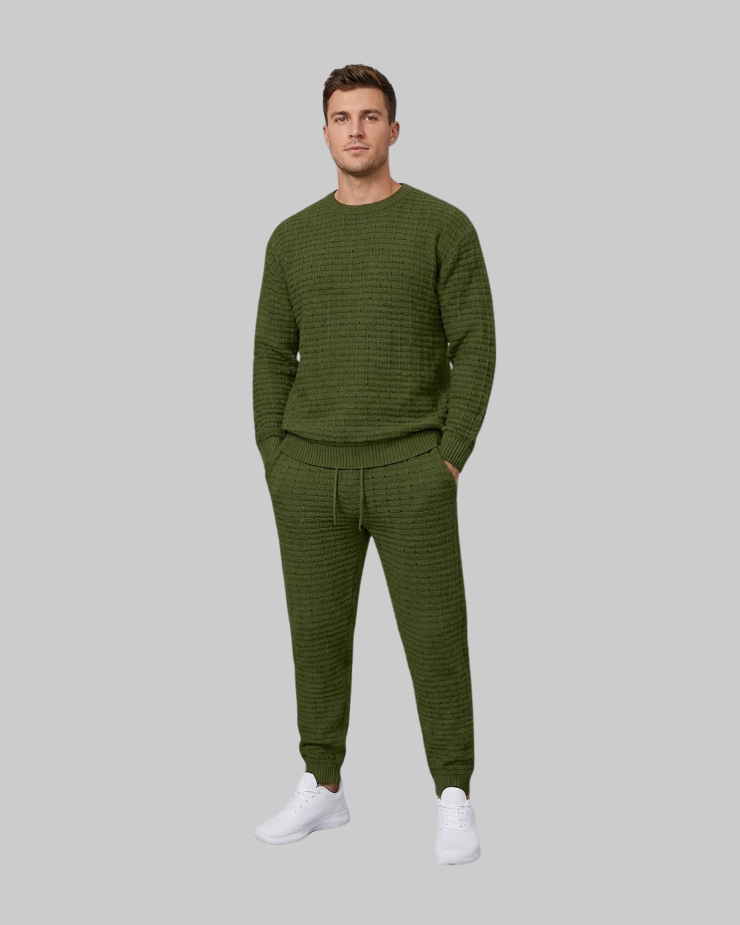 Men's Relaxed Waffle Knit Tracksuit Set in army green.
