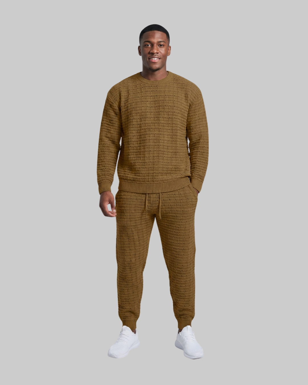 Men's Relaxed Waffle Knit Tracksuit Set in khaki.