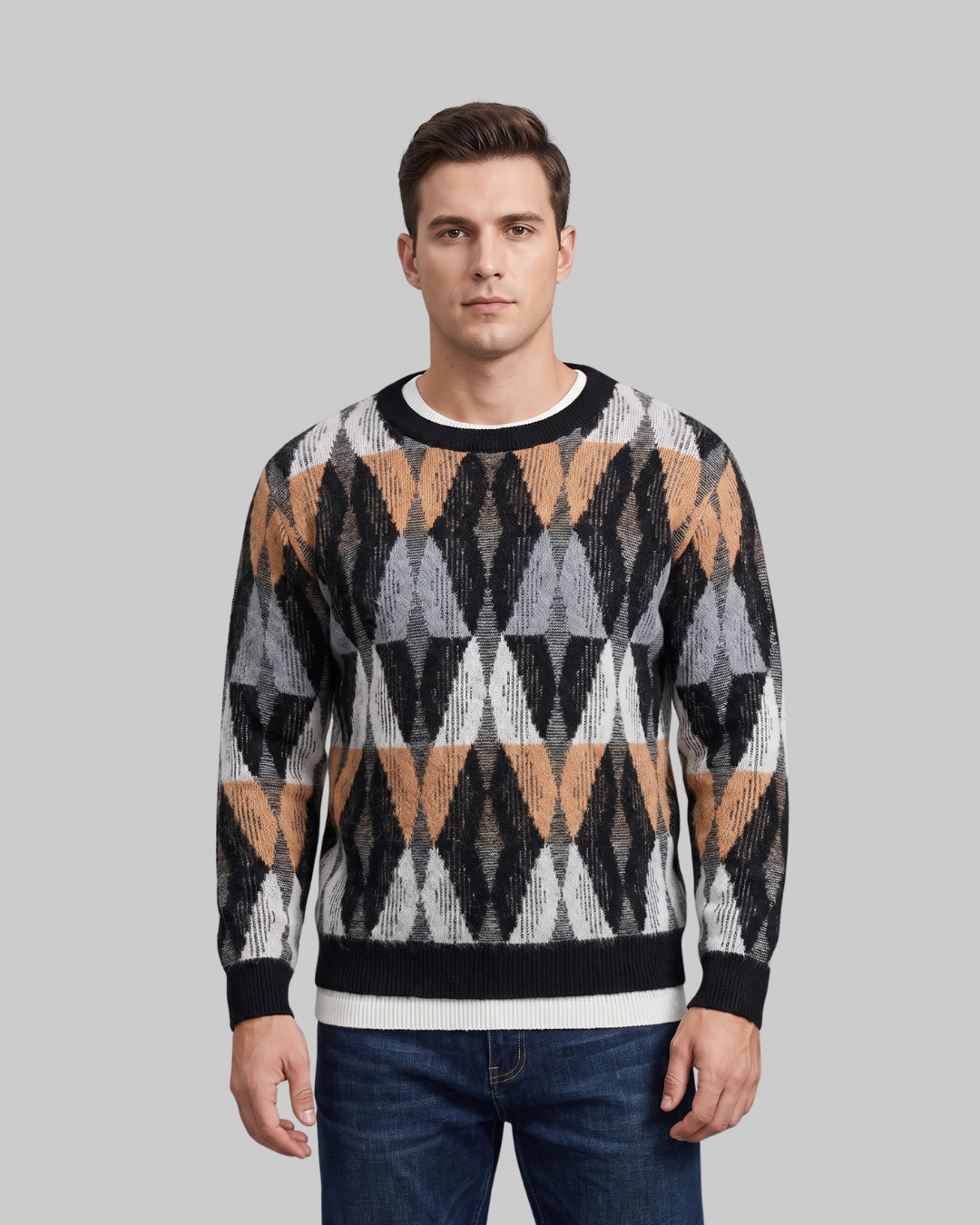 Men's Retro Jacquard Crew Sweater in black.