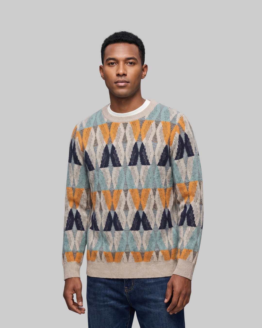 Men's Retro Jacquard Crew Sweater in camel.