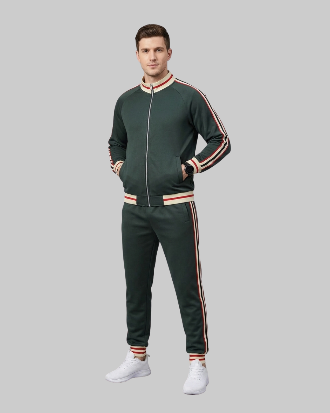 Men's Retro Stripe Tracksuit Set in Dark Green
