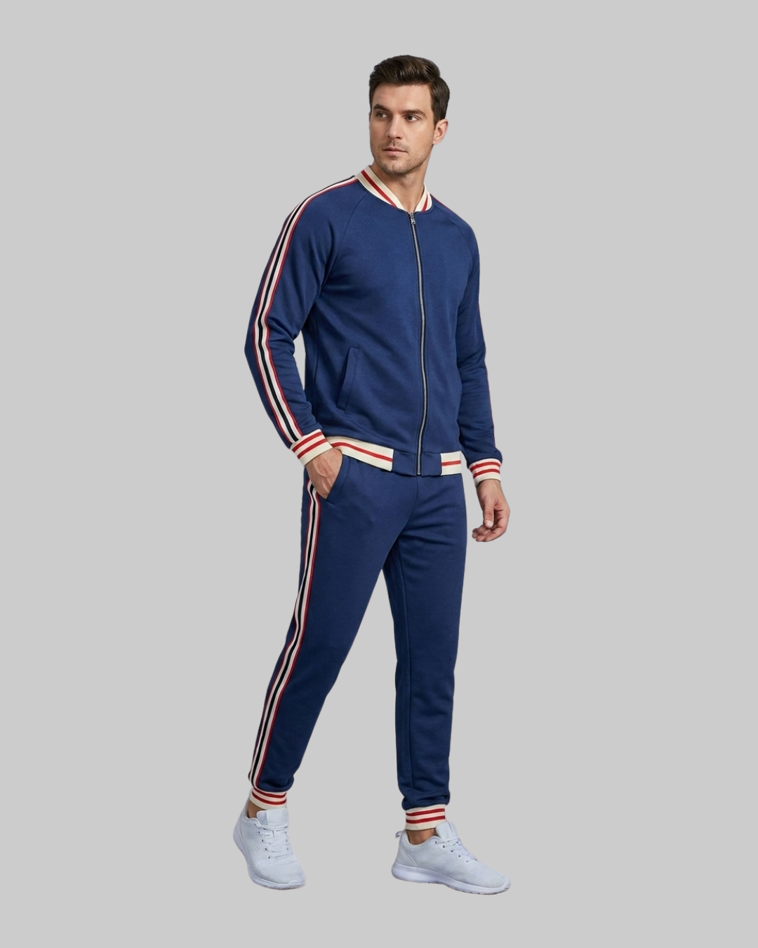 Men's Retro Stripe Tracksuit Set in Dark Blue
