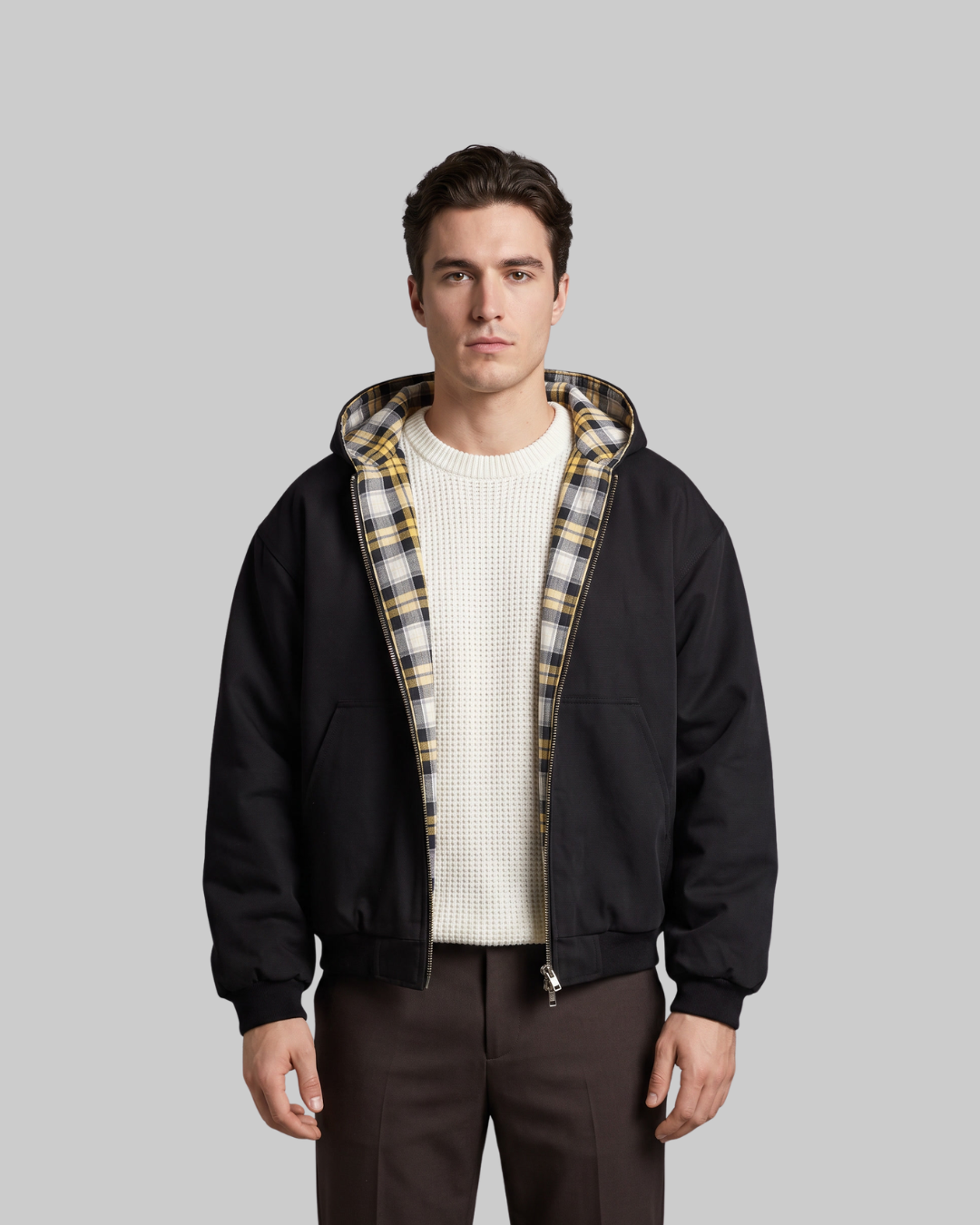 Men's Reversible Plaid Zip Hoodie in black.