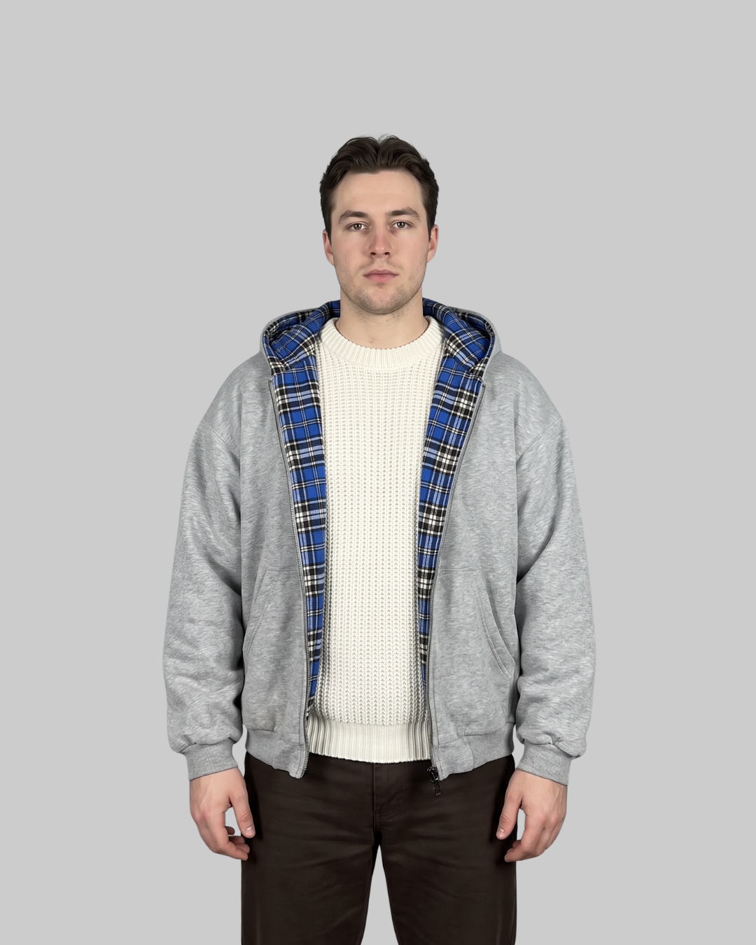 Men's Reversible Plaid Zip Hoodie in grey blue.