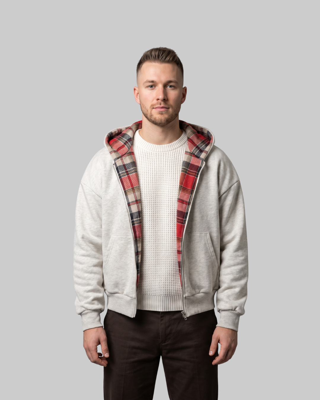 Men's Reversible Plaid Zip Hoodie in grey red.