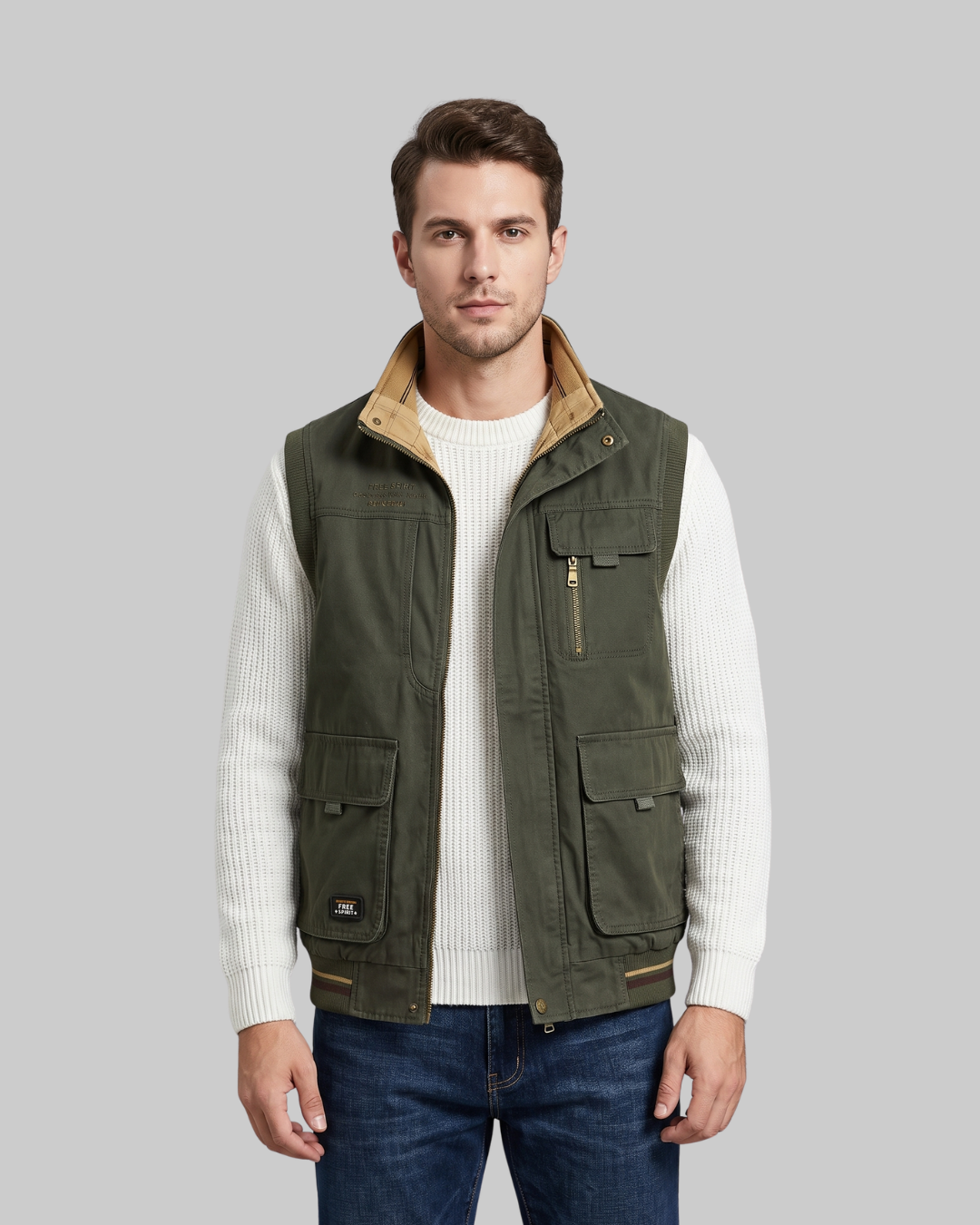 Men's Reversible Utility Vest in army green.