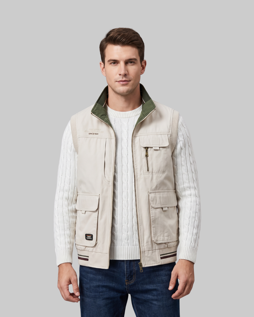 Men's Reversible Utility Vest in beige.