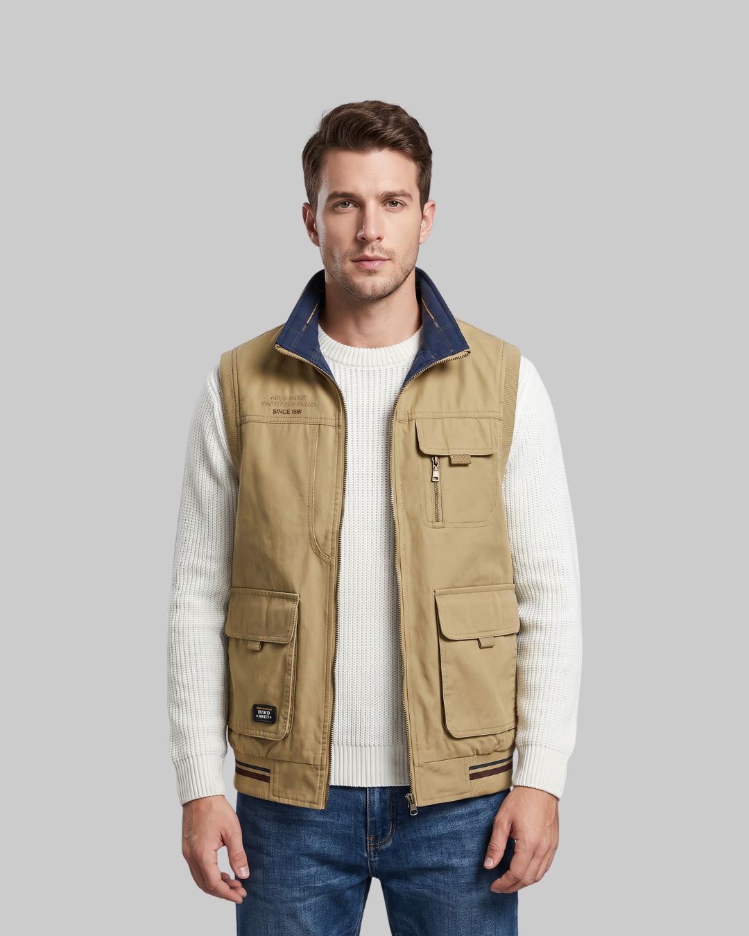 Men's Reversible Utility Vest in khaki.