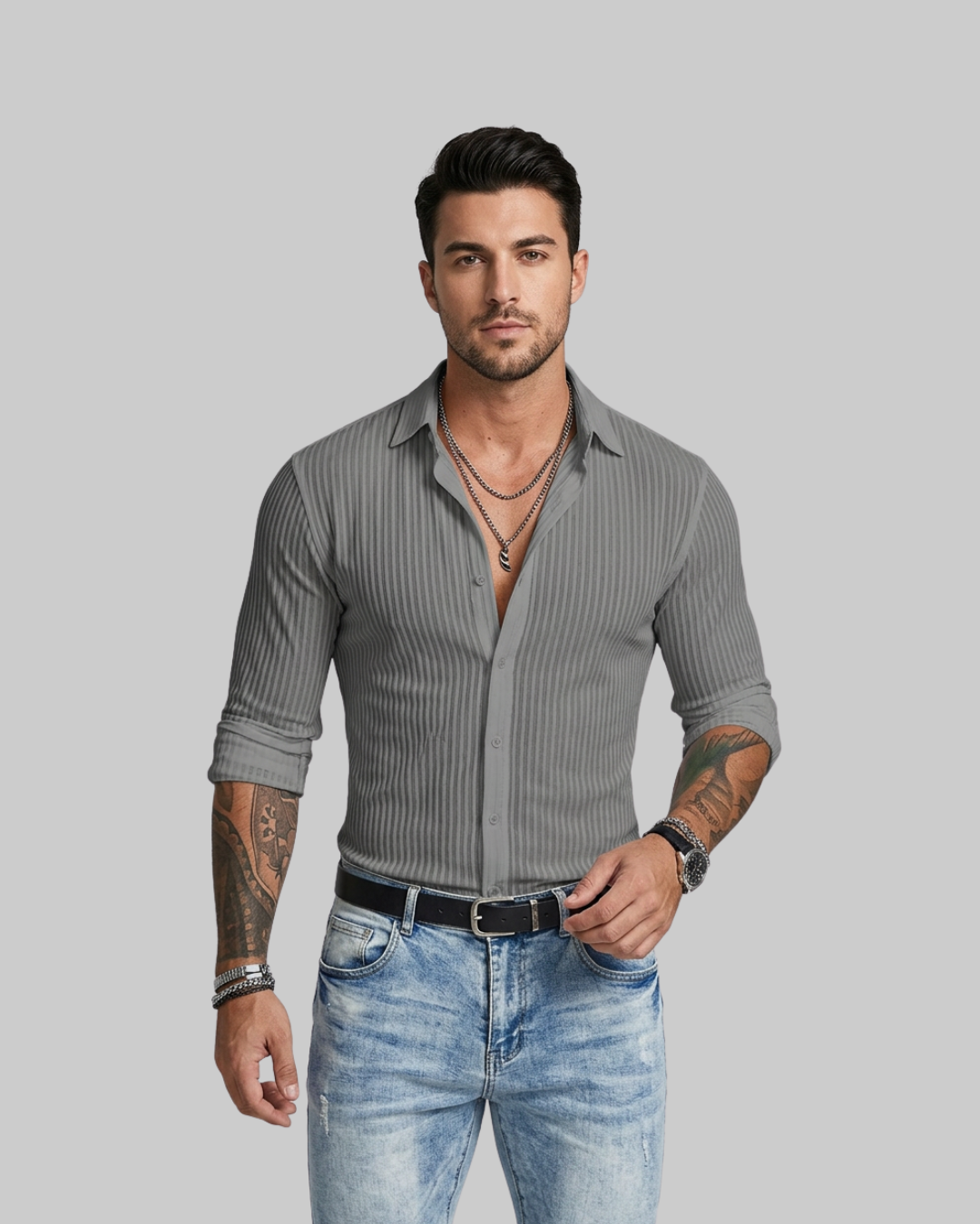 Men's Ribbed Button-Up Shirt in grey.