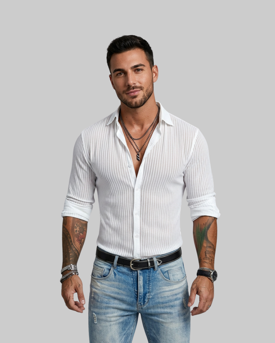 Men's Ribbed Button-Up Shirt in white.
