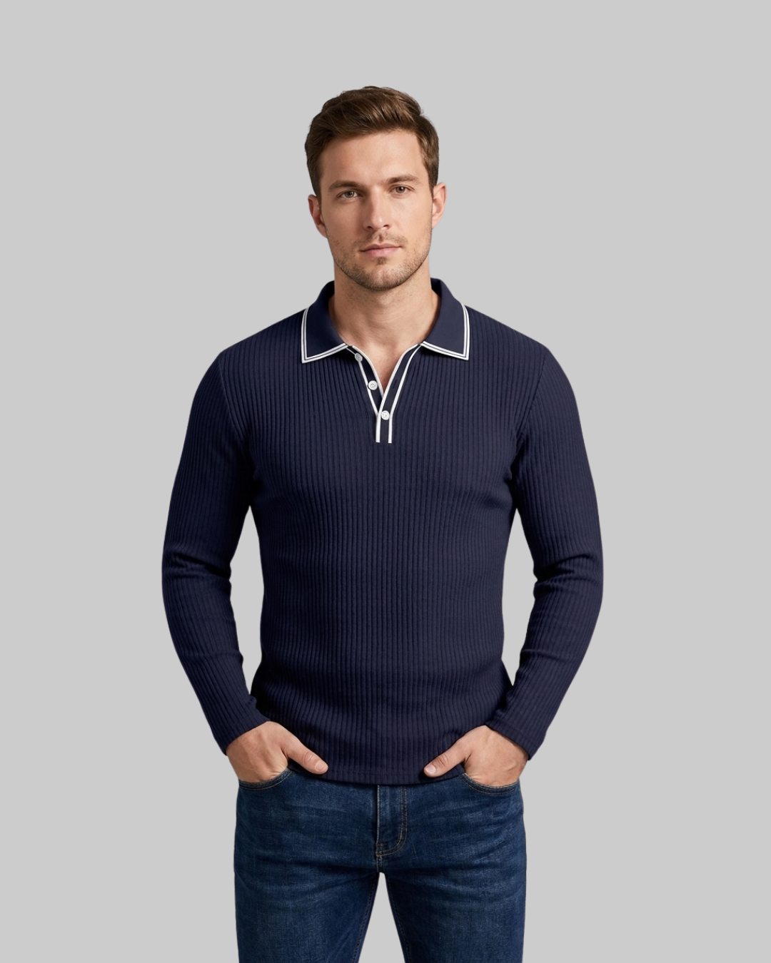 Men's Ribbed Long Sleeve Polo Shirt in Navy