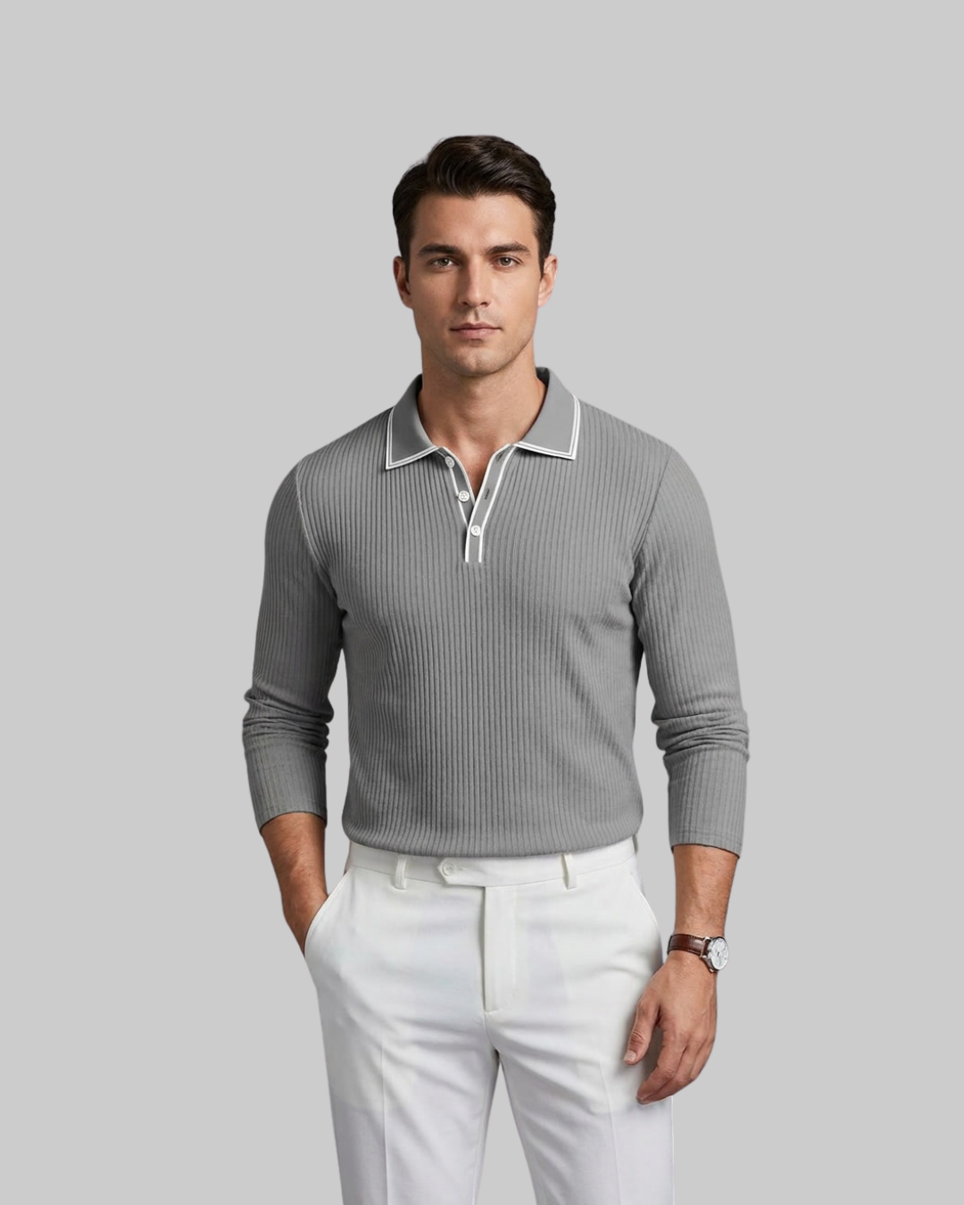 Men's Ribbed Long Sleeve Polo Shirt in Grey