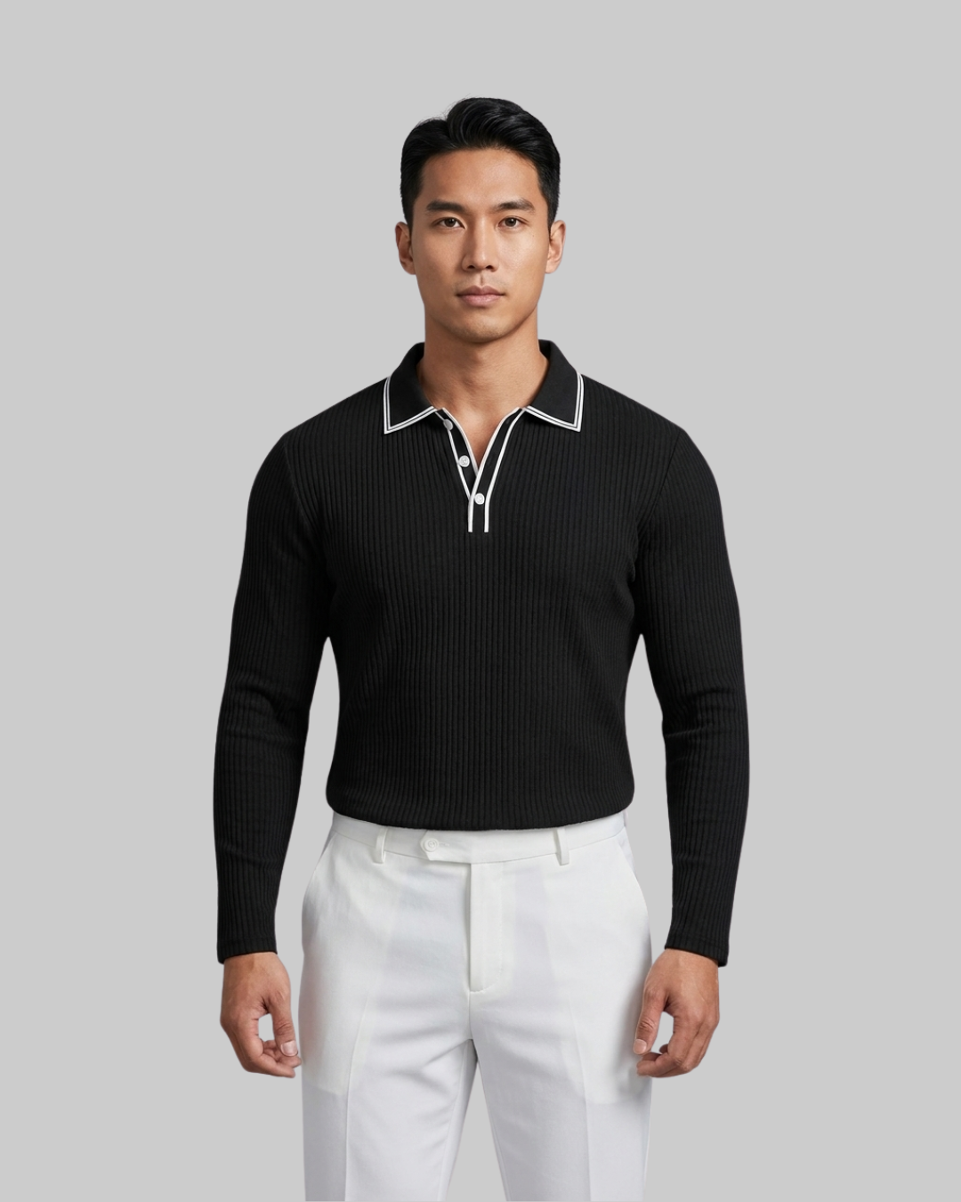 Men's Ribbed Long Sleeve Polo Shirt in Black