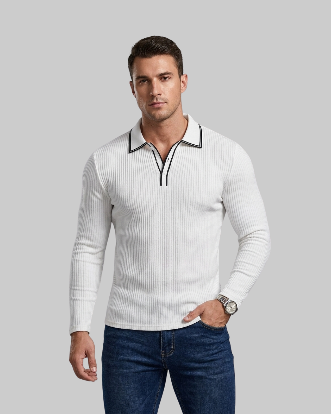 Men's Ribbed Long Sleeve Polo Shirt in White