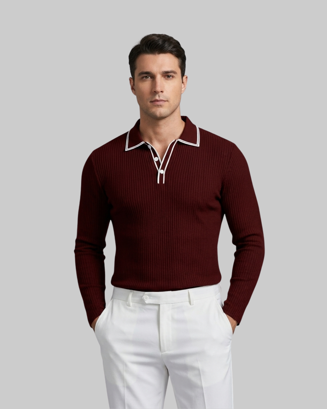 Men's Ribbed Long Sleeve Polo Shirt in Wine Red
