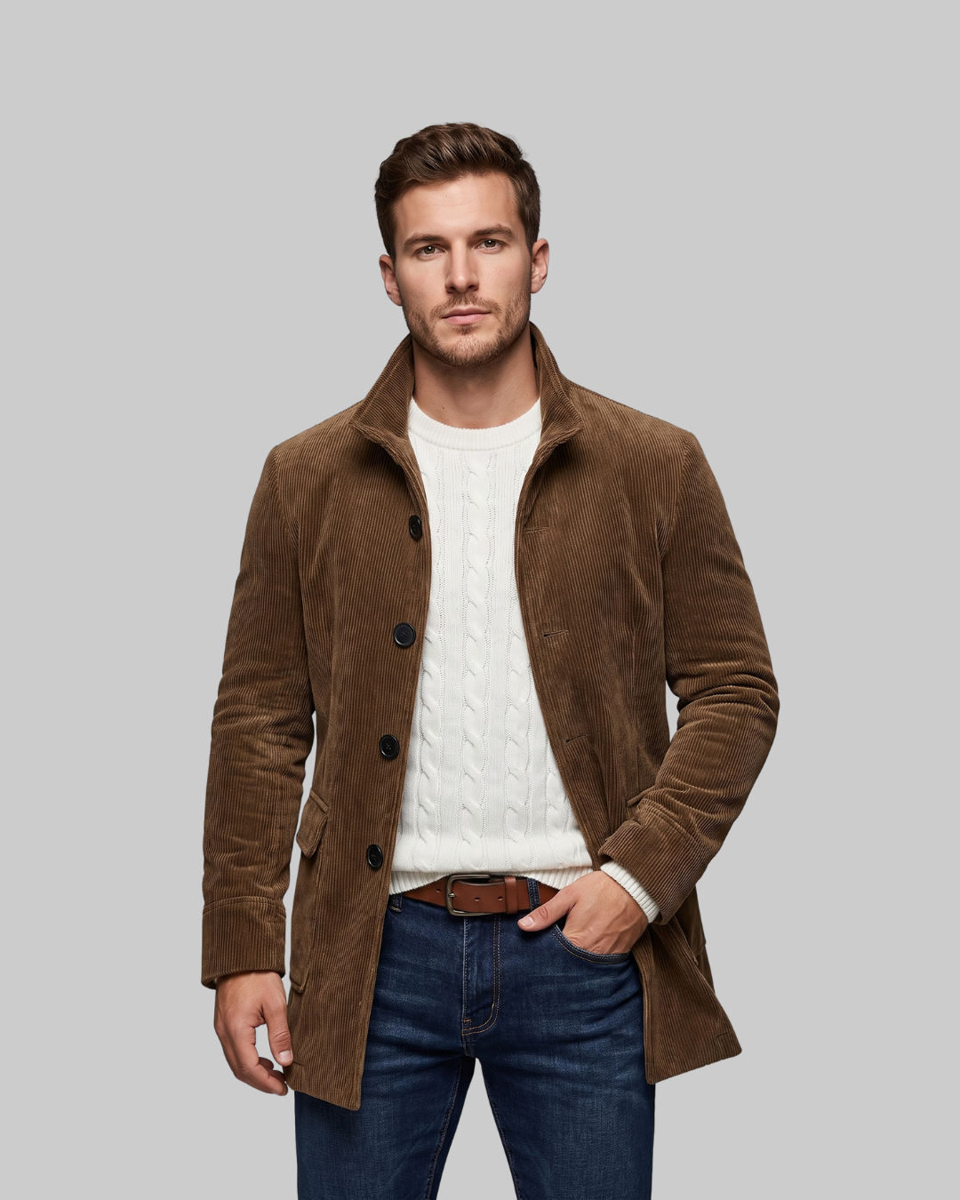 Men's Ribbed Stand Collar Coat in brown.