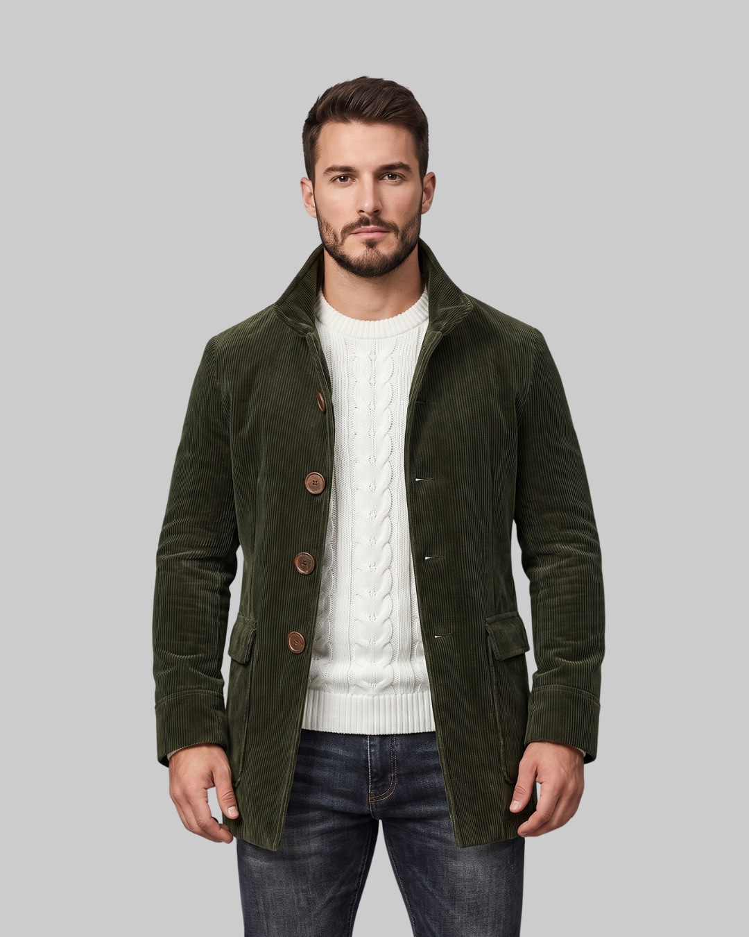 Men's Ribbed Stand Collar Coat in green.